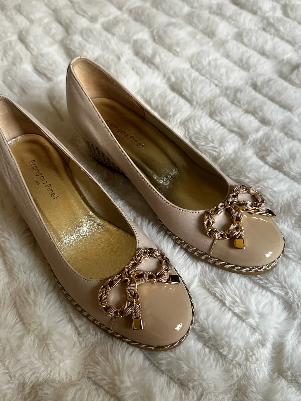 Nude Patent Wedge Ballet Flats with Decorative Bow